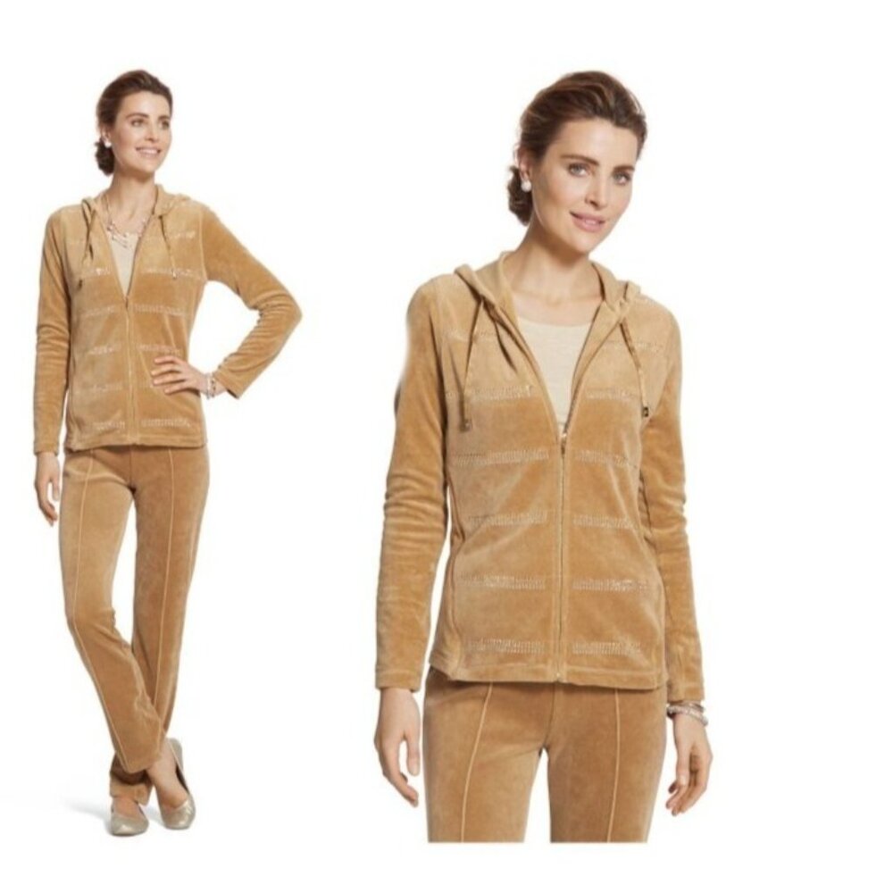 ZENERGY Velour Embellished Stripe Jacket & Pintuck Pants Set Lounge Vacation